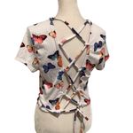 Butterfly Print Women's Crop Top, Pretty Lace Up Back Size Small Yellow Photo 2