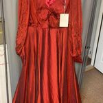 Mac Duggal Blouson Dress Women's 18 Red Sheer Long Sleeve Surplice Ball Gown B4 Photo 3