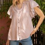 Voy Brand Clothing Paige Plaid Ruffle Short Sleeve Button Down Shirt Size S Blue Photo 0