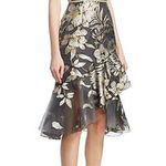 Marchesa Notte Gold Metallic Floral Print Asymmetrical Flounce Cocktail Dress 6 Photo 2