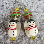 Hand Painted Snow Man Earrings Pierced Dangle Hooks Christmas Winter Wear Photo 9