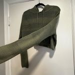 Garage M Olive Green Open Knitted Monochrome Striped Cropped Hoodie Pullover Photo 8