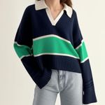Spiritual Gangster New Womens XL Navy Green Stripe Cropped V-Neck Sweater Photo 0