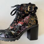 Diba Tapestry Floral Ankle Boots Black Block Heel Lug Sole Women's Size 7 Boho Photo 5