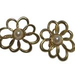 Vintage Gold Tone Floral Faux Pearl Statement Earrings Jewelry for Her Post Back Gold Photo 2