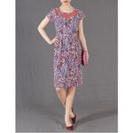 BODEN Cara Dress Blue/Coral/Gray Size 6 Embellished Stones Collar Dolman Sleeves Red Photo 2