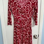 Y2K London Style Dress Size 8 Red Abstract Smocked Waist Faux Wrap Office Siren Photo 0