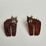 Laurel Burch Jungle Cat Signed Red & White Enamel Gold Tone Stud Earrings Photo 0