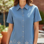 Denim & Co . Studded Flower Button Front Shirt size Medium Photo 0