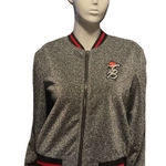 Tessa Brooks Silver Metallic Bomber Jacket Zip Front Rose Logo Women's Large Photo 0