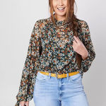 Free People All Dolled Up Mesh Long Sleeve Cropped Floral Top Blouse Green Small Photo 0