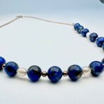 Handmade  Blue Beaded Necklace Faux Pearl Silver Tone 18” Photo 6
