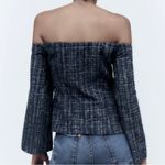 ZARA  textured navy tweed flare sleeves off the shoulder top Photo 4