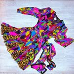 vintage Diane freis multi color art deco bold belted scarf long sleeve dress 80s Pink Size M Photo 0