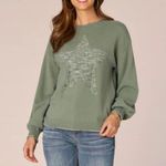 Democracy New  Sz L Green Space Dye Star Long Blouson Sleeve Sweater Boho Slouchy Photo 1