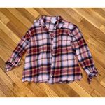 Old Navy  Size Small Pink Multicolor Cropped Plaid Flannel Boyfriend Shirt Photo 8