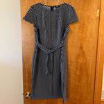 CHAPS  Navy Blue White Gingham Checkered Dress Cap Sleeves Belt In Front Size 14 Photo 1