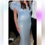 Jovani  light Blue Sequin Gown with Feather Trim Photo 4