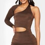 Pretty Little Thing Plt  Shape Brown Slinky Cut Out One Sleeve Bodycon Dress size 6 Photo 0