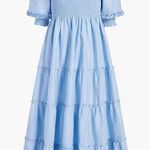 Hill House Nesli Nap Dress Women’s Small Metallic Blue Smocked Puff Sleeve Midi Photo 0