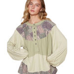 POL Pistachio and Cream Patchwork Knit Henley Top Photo 0