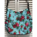 Betsey Johnson Shoulder Bag Purse Floral Teal/Red Roses Studs Logo Side Pockets Photo 1