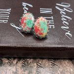 Vintage Mint Green Red Cabochon Earrings Stainless Steel Photo 4