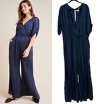 Anthropologie Maeve Jaqueline Jacquard Jumpsuit Leopard Print Navy Blue Size XL Photo 1