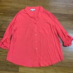 Skies Are Blue Curvy Button Down Top Women 1X Pink Roll Tab Sleeve Pocket Blouse Photo 0