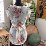 Vintage Y2K Blue Sketch Sheer Floral Lace Trim Back Tie Blouse Top Size L Photo 2