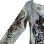 Rock & Republic Womens Y2K Mesh T-Shirt Gray Cross Angel Wings Tattoo Sleeve Grunge Size Med Photo 2