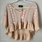 Cider  Size M HOLLOW OUT RUFFLE HEM SHORT SLEEVE SHEER CROCHET TOP in Burlywood Photo 0