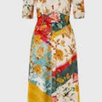 Monsoon ASOS OANA Ivory Floral Abstract Print Satin Tea Evening Dress 6US Medium Photo 0