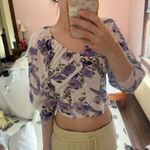 Anthropologie White Purple Floral Balloon Sleeve Crop Top XS Photo 5