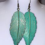 Vintage Green Patina Leaf Dangle Earrings Photo 2
