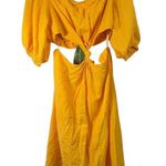 Farm Rio  Yellow Midi Knot Dress Puff Sleeve Preppy Vacation Cut Out Womens Large Photo 0