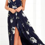 Lulus All Mine Navy Blue Floral Print Ruffle Chiffon Wrap Maxi Dress XS Photo 0