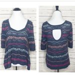 Free People Cropped Keyhole Sweater Top Size Medium Blue Stripe Wool Blend Photo 1