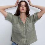 ZARA Green Cropped Relax fit Boxy Button Down Linen Shirt summer slouchy Sz XL Photo 3