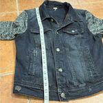 Free People  Black Distressed Denim Jacket with Knit Sleeves size M Photo 9