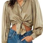 Hale Bob  Satin Button Front Top Small Silk Blend Olive Puff Sleeves Photo 0