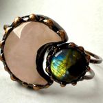 Rose Quartz Crescent Moon and Labradorite Copper Hinged Bracelet Boho Cuff Pink Photo 4