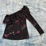 Veronica M Black Red Purple Floral Ruffle Asymmetrical One Long Sleeve Top XS Photo 4