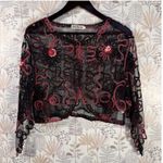 ModeLia Sheer Embroidered Mesh Cropped Cardigan Top Black & Burgundy Size XL Photo 0