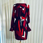Loft  Plum Navy Red White Geometric Printed Long Sleeve Shift Shirt Dress Photo 2