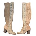 Pierre Dumas  Snakeskin Chunky Heeled Knee High Boots Taupe Suede 8.5 Wide Calf Photo 1