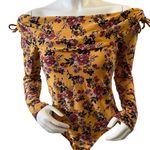 No Boundaries NWT  L 11-13 GOLD OFF SHOULDER RUCHED DRAPE FLORAL L/S BODYSUIT Photo 3