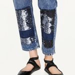 ZARA Mid Rise Sequin Patch Boyfriend Jeans Cropped Patchwork Size 4 NEW Photo 3
