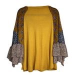 Umgee Floral Mixed Print Ruffled Bell Sleeve Waffle Knit Top Size Medium Yellow Photo 1
