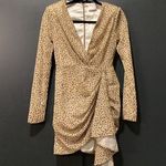 Miss Circle Asymmetrical Leopard Metallic Mini Long Sleeve V Neck Ruched Dress S Brown Photo 0